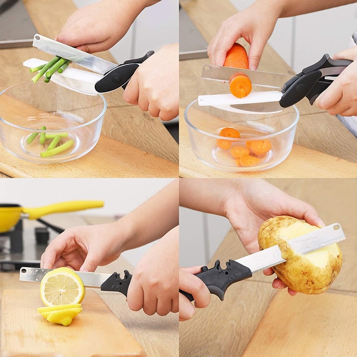 The götze 2-in-1 Knife Scissors Food Chopper, Food Scissors with Cutting  Board Built-in-Use for Quick and Easy Cutting as Food Shears, Vegetable  Slicer, Fruit Cutter : : Home